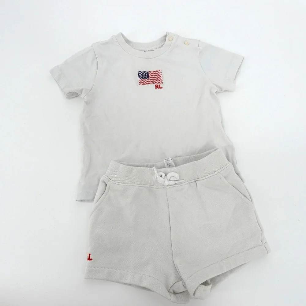 Ralph Lauren Kids 12M Off White American Flag T-Shirt and Shorts Set 2pc